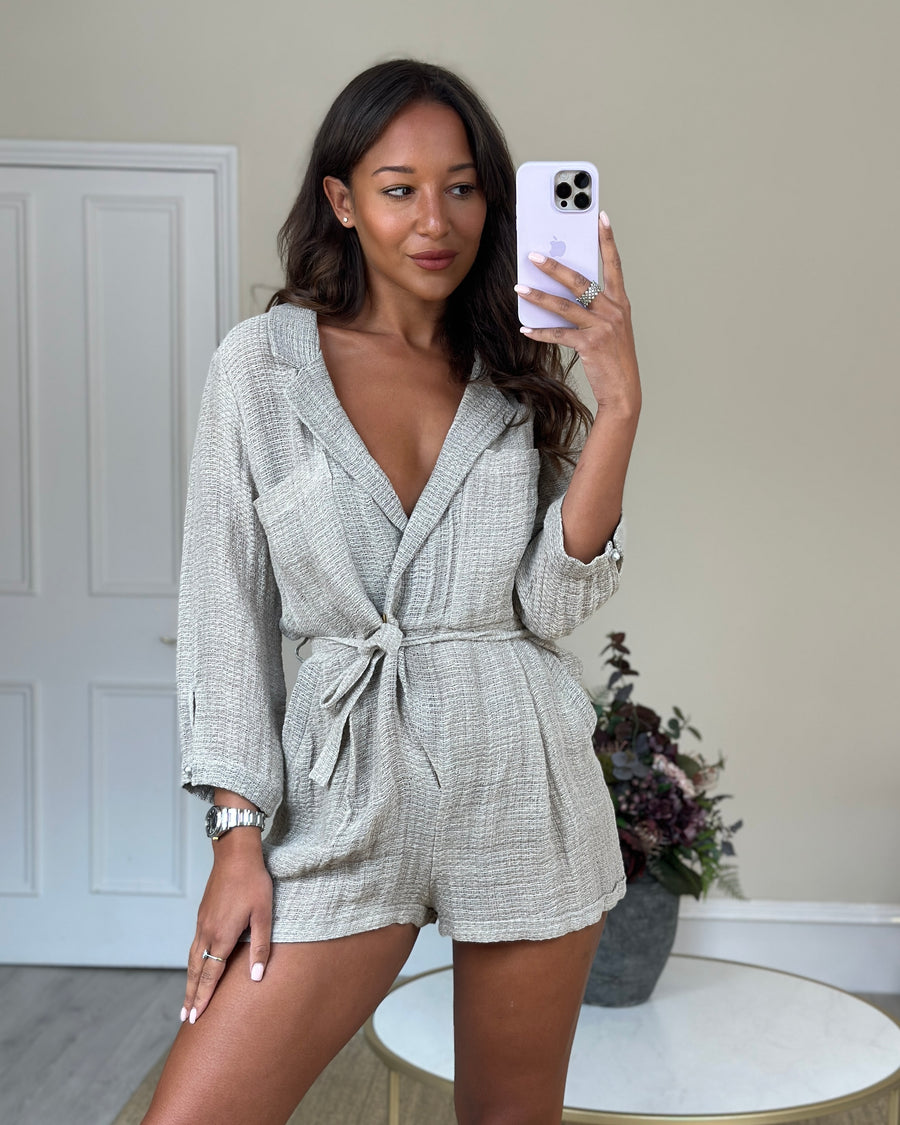 Le Kasha Beige Linen Playsuit with Zip-Up Detail Size XS (UK 6-8)