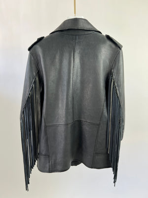 Acne Charcoal Grey Leather Jacket with Tassel Detail Size FR 34 (UK 6)