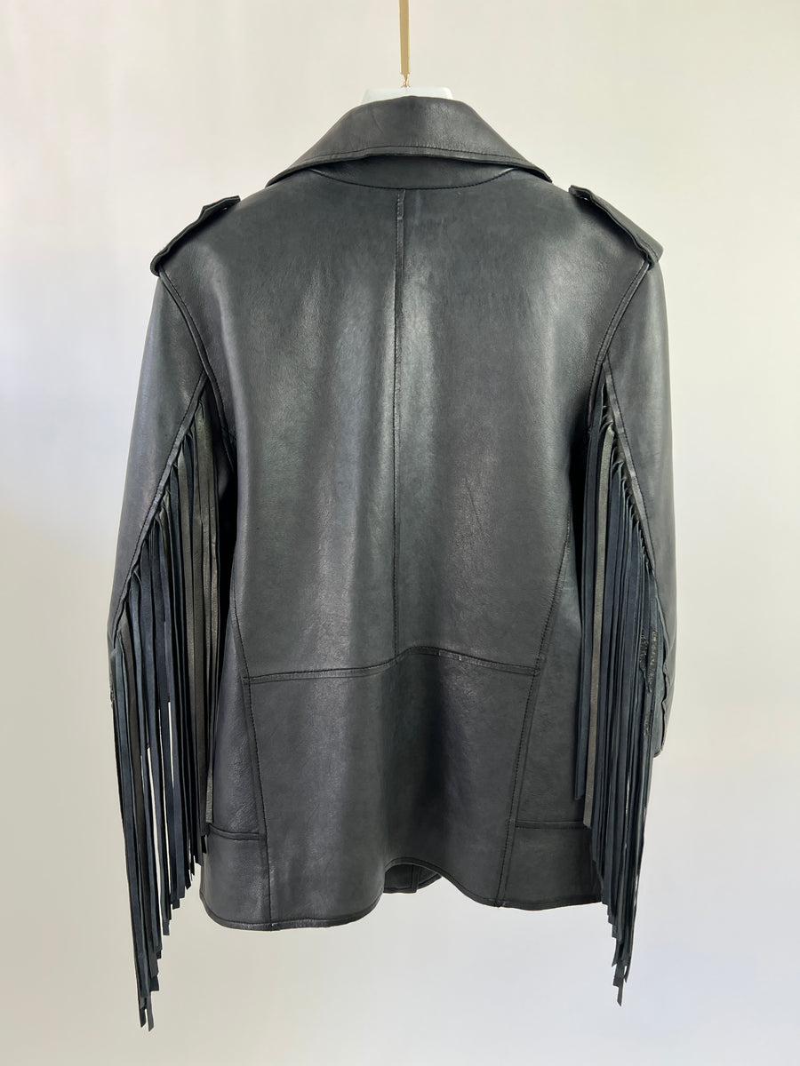 Acne Charcoal Grey Leather Jacket with Tassel Detail Size FR 34 (UK 6)