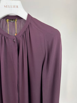 Loro Piana Dark Purple Matte Long-Sleeve Collarless Silk Shirt