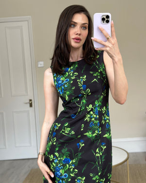 Carolina Herrera Black, Blue and Green Floral Print Dress Size 0 (UK 4)