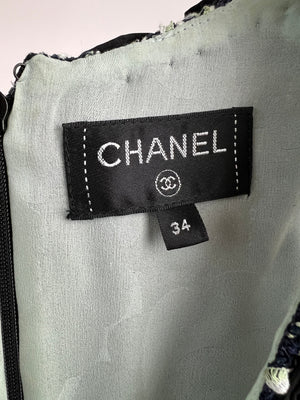 Chanel Navy, White, 
Green Tweed V-Neck Mini Dress with Woven Black Bow Detail FR 34 (UK 6)