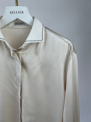 Brunello Cucinelli Cream Silk Shirt with Bead Collar details in Size L (UK 12-14)