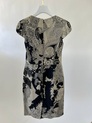 Etro Cream and Black Short Sleeve Printed Midi Dress IT 40 (UK 8)