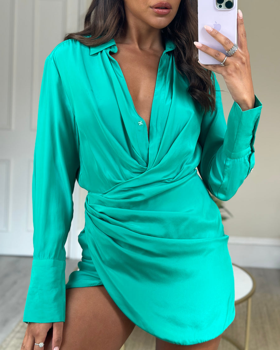 Gauge81 Emerald Green Silk Ruched Shirt Dress with Crystal Cuff Detail Size S (UK 8)