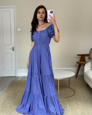 Caroline Constas Blue Printed Maxi Dress with Ruffle Detail Size XS (UK 6)