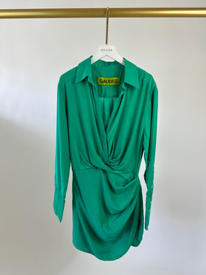 Gauge81 Emerald Green Silk Ruched Shirt Dress with Crystal Cuff Detail Size S (UK 8)