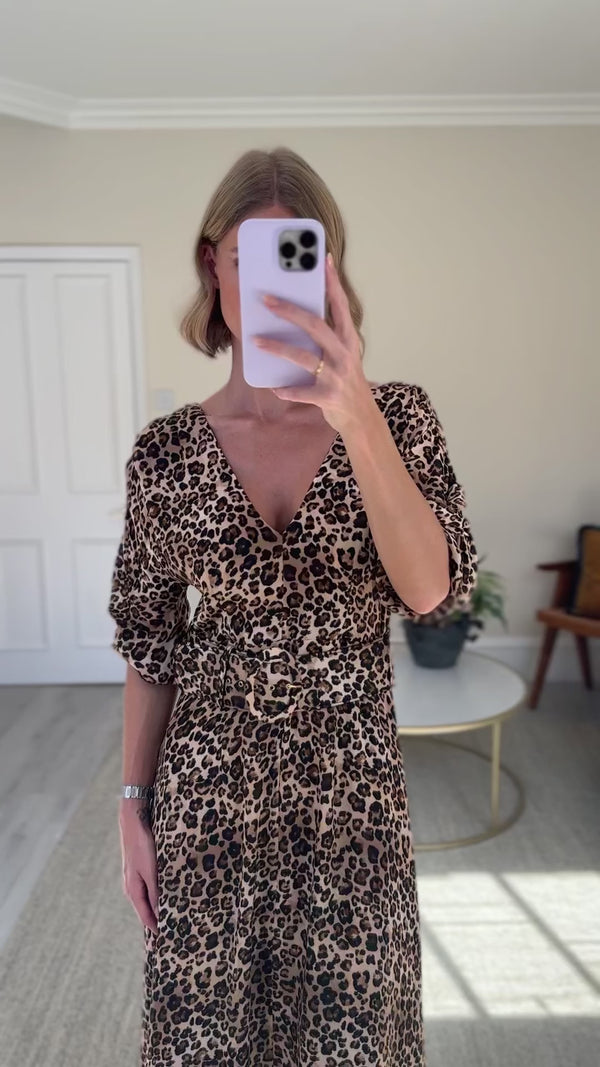 Nicholas Leopard Midi Dress with Belt and V Neck Details Size UK 10