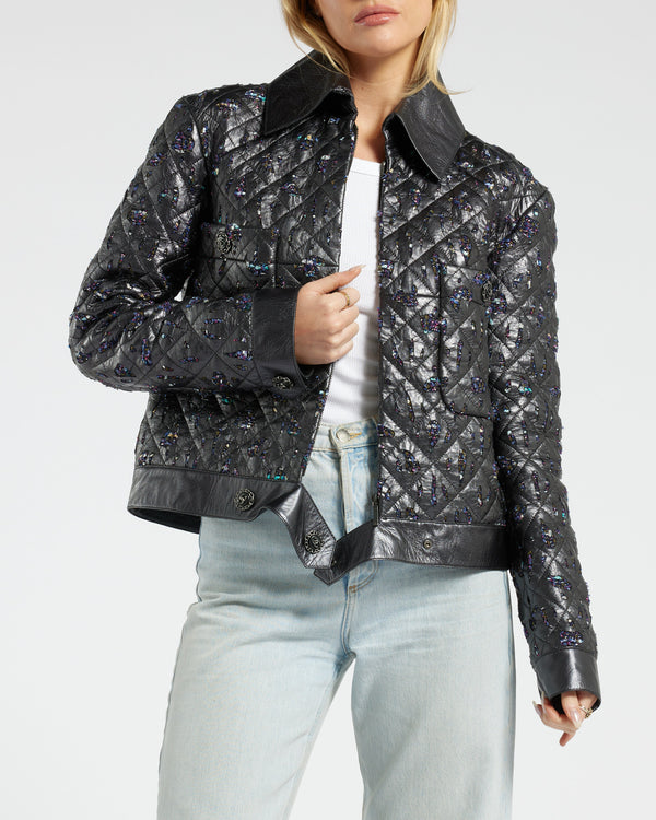 Chanel Navy Quilted with Tweed Embellishment Detail Leather Jacket FR 42 (UK 14)