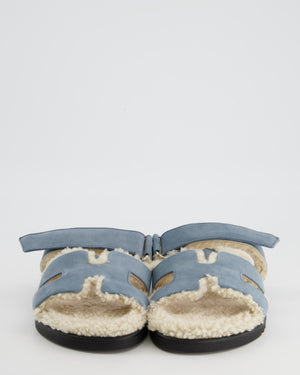 Hermès Blue Pinede and Ecru Shearling Chypre Sandals Size 39