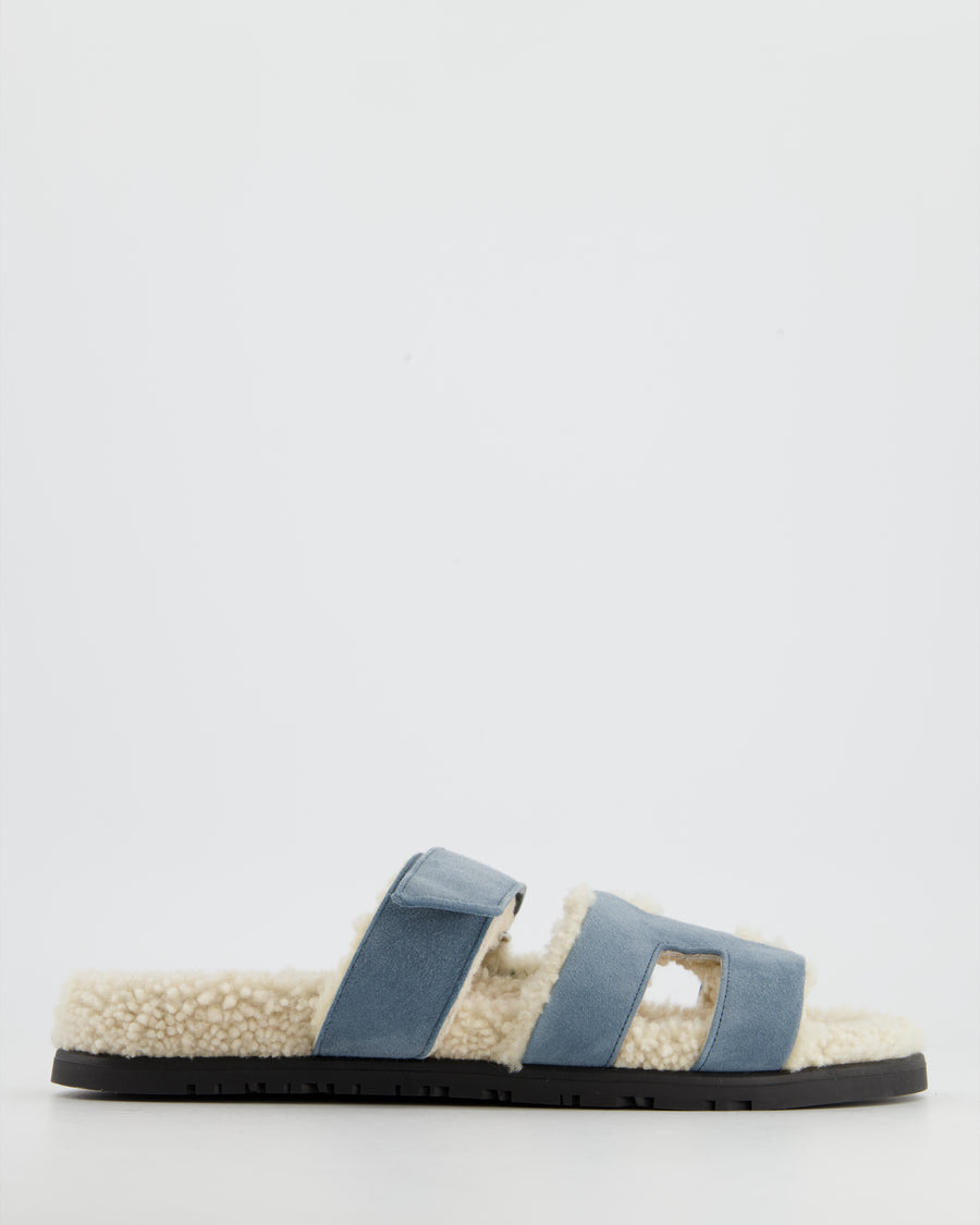 Hermès Blue Pinede and Ecru Shearling Chypre Sandals Size 39