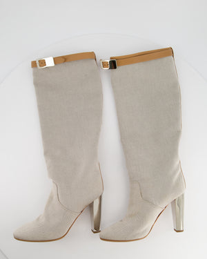 Hermès Stone Canvas Knee High Boots with Tan Buckle Detail Size EU 38