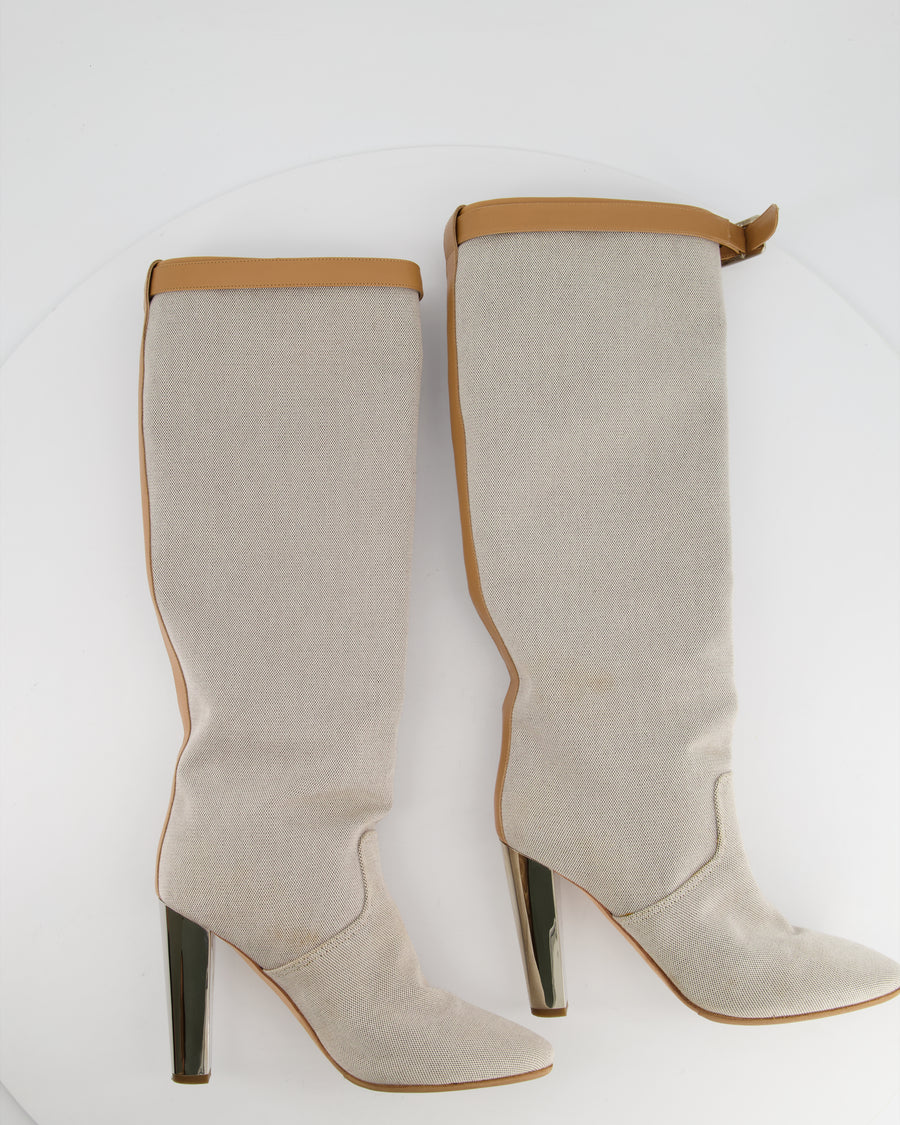 Hermès Stone Canvas Knee High Boots with Tan Buckle Detail Size EU 38