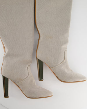 Hermès Stone Canvas Knee High Boots with Tan Buckle Detail Size EU 38