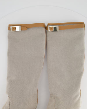 Hermès Stone Canvas Knee High Boots with Tan Buckle Detail Size EU 38