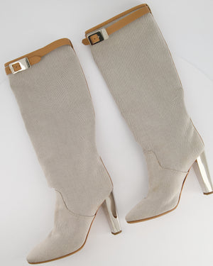 Hermès Stone Canvas Knee High Boots with Tan Buckle Detail Size EU 38