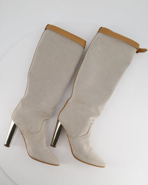 Hermès Stone Canvas Knee High Boots with Tan Buckle Detail Size EU 38