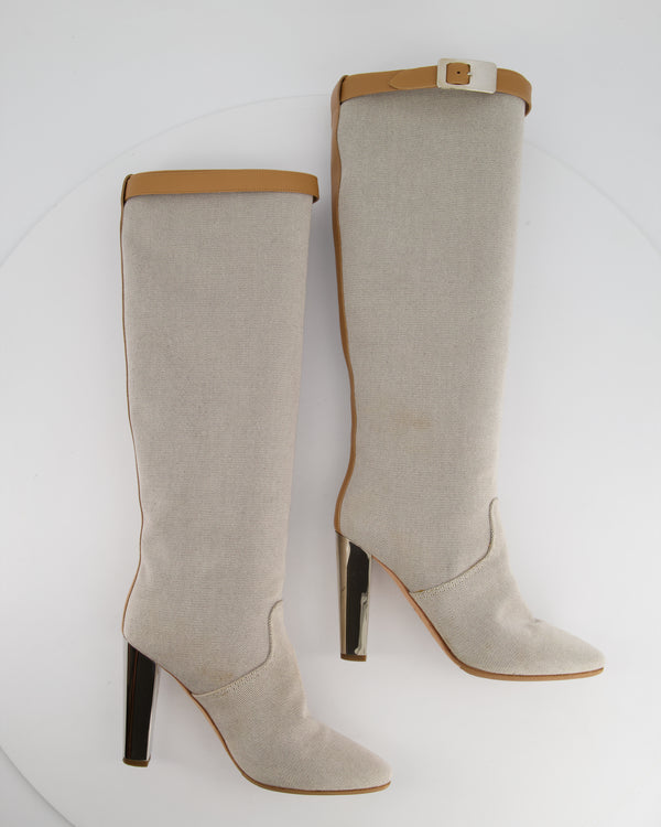 Hermès Stone Canvas Knee High Boots with Tan Buckle Detail Size EU 38