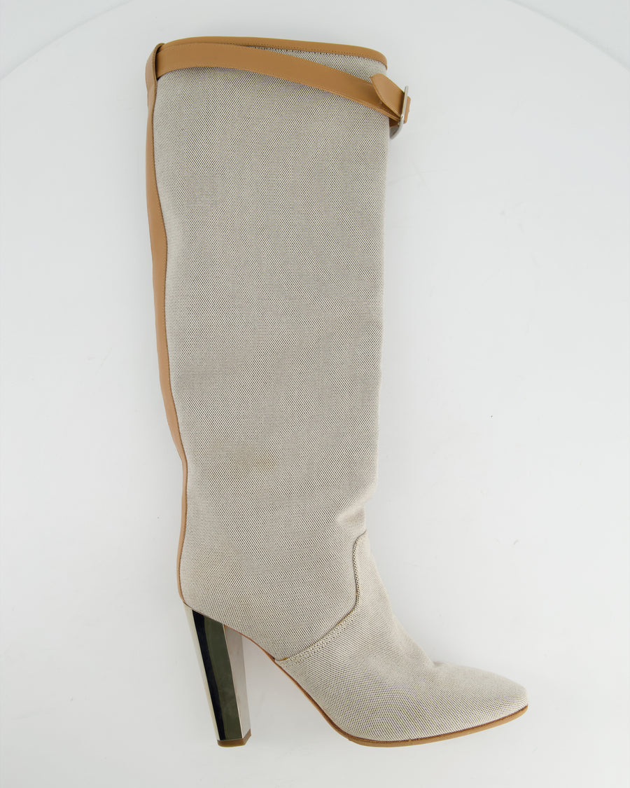 Hermès Stone Canvas Knee High Boots with Tan Buckle Detail Size EU 38