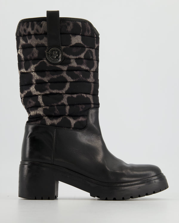 Moncler Leopard Print Leather and Padded Nylon Ski Boots Size EU 39