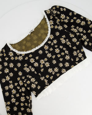 Miu Miu Black Floral Cropped Top with White Collar Detail Size L (UK 12)