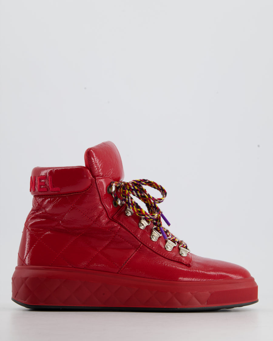 Chanel Red Patent Leather High Top Sneakers Shoes Size EU 38.5