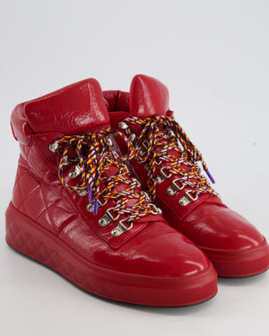 Chanel Red Patent Leather High Top Sneakers Shoes Size EU 38.5