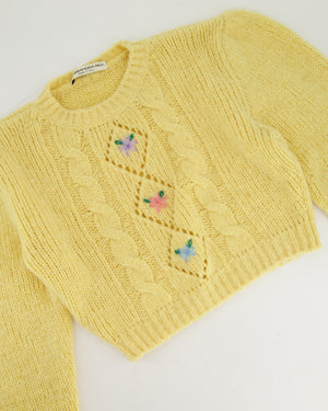 Alessandra Rich Yellow Long-Sleeve Cropped Sweater with Flower Detail IT 38 (UK 6)