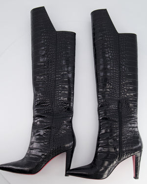 Christian Louboutin Black Crocodile Embossed Knee-high Boots Size 40.5