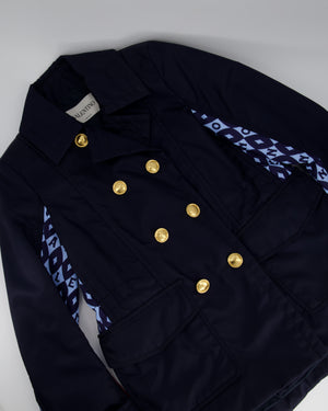 Valentino Navy, Blue and Red Nylon Jacket with Patterned Back and Gold Button Detail Size IT 40 (UK 8)