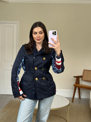 Valentino Navy, Blue and Red Nylon Jacket with Patterned Back and Gold Button Detail Size IT 40 (UK 8)