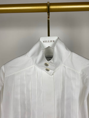 Chanel White Cotton High Neck Pleated Shirt Size FR34 (UK6) RRP £3,720