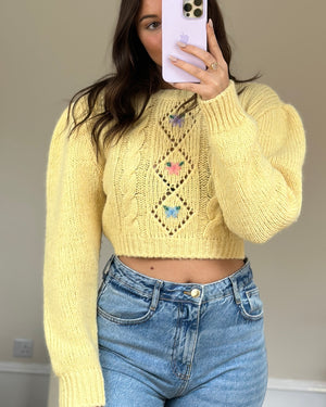 Alessandra Rich Yellow Long-Sleeve Cropped Sweater with Flower Detail IT 38 (UK 6)