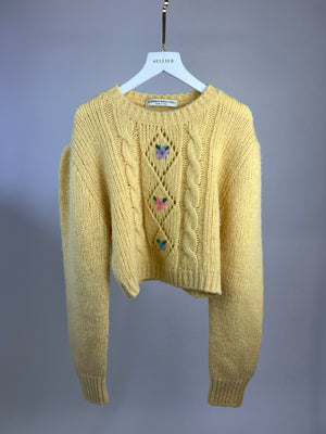 Alessandra Rich Yellow Long-Sleeve Cropped Sweater with Flower Detail IT 38 (UK 6)