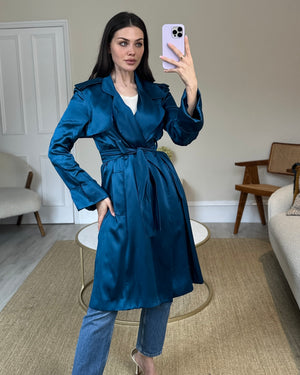 Celine Blue Silk Overcoat with Belt FR 42 (UK 14)