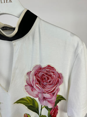 Dolce 
Gabbana White V-Neck T-shirt with Rose and Tie Neck Detail Size IT 36 (UK 4)