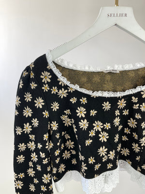 Miu Miu Black Floral Cropped Top with White Collar Detail Size L (UK 12)