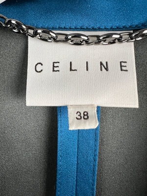 Celine Blue Silk Overcoat with Belt FR 42 (UK 14)