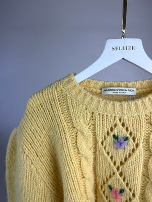 Alessandra Rich Yellow Long-Sleeve Cropped Sweater with Flower Detail IT 38 (UK 6)