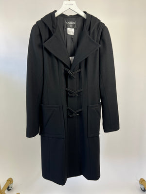 Chanel Black Hooded Longline Wool Coat with Toggle Fasten Detail  FR 42 (UK 10)