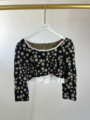 Miu Miu Black Floral Cropped Top with White Collar Detail Size L (UK 12)