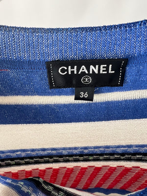 *FIRE PRICE* Chanel Cream, Red and Blue Metallic Knit Mini Skirt and Top Set FR 36 (UK 8)