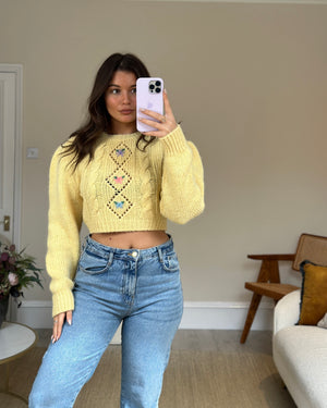 Alessandra Rich Yellow Long-Sleeve Cropped Sweater with Flower Detail IT 38 (UK 6)