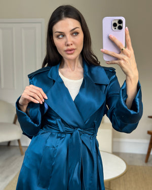 Celine Blue Silk Overcoat with Belt FR 42 (UK 14)