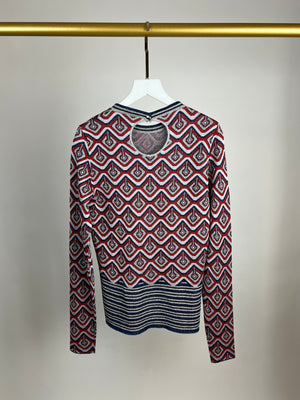 Paco Rabanne Red and Navy Metallic Long Sleeve Round Neck Top FR 38 (UK 10)