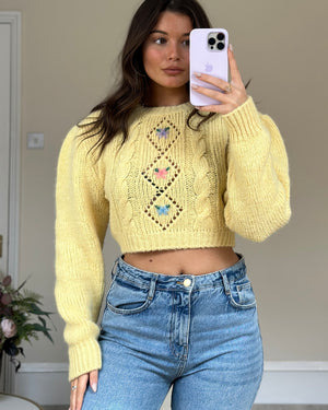 Alessandra Rich Yellow Long-Sleeve Cropped Sweater with Flower Detail IT 38 (UK 6)