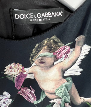 Dolce Gabbana Black Cherub and Rose Print Midi Dress IT 36 (UK 4)