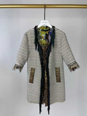 Bellavitis Couture Striped Cream And Black Jacket with Gold Trim And Feather Detail Size UK 6-8