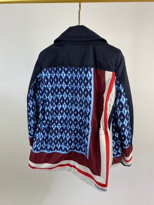 Valentino Navy, Blue and Red Nylon Jacket with Patterned Back and Gold Button Detail Size IT 40 (UK 8)