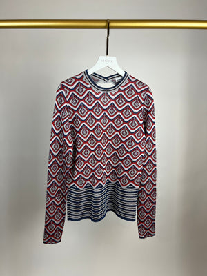 Paco Rabanne Red and Navy Metallic Long Sleeve Round Neck Top FR 38 (UK 10)